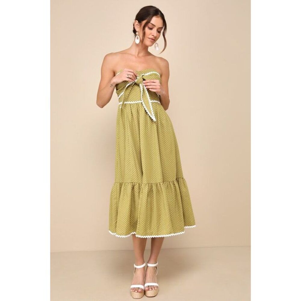 Lulus Delightful Design Light Green Polka Dot Midi Dress With Pockets - Size M